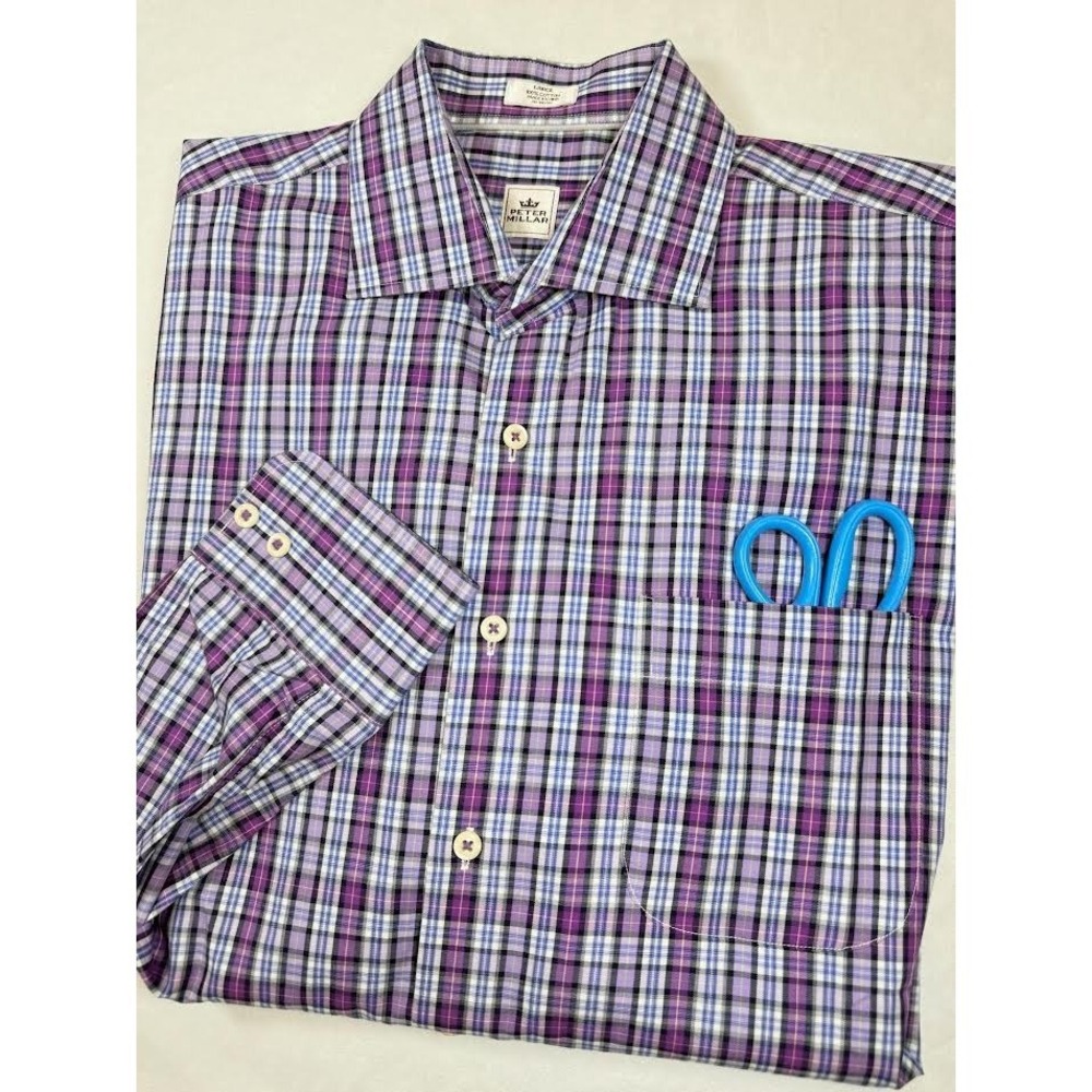 Peter Millar Purple Plaid Button Up Shirt Men's Size Large Long Sleeve Collared